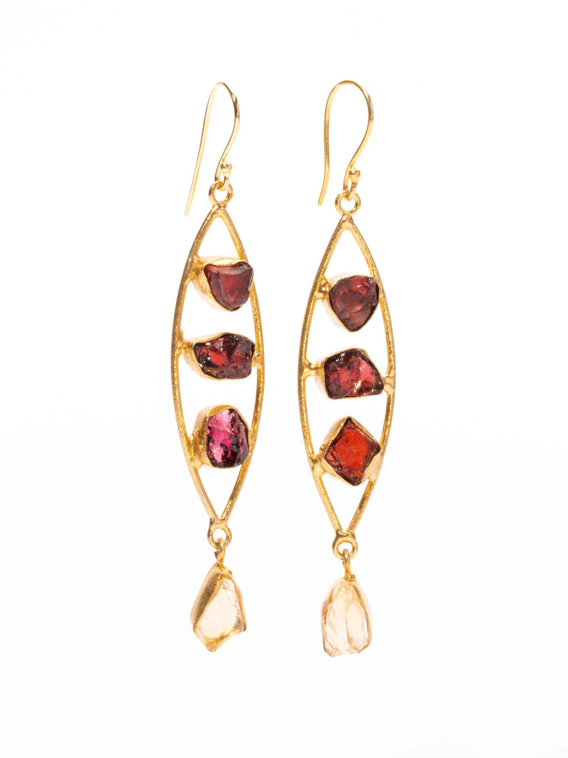 Gold Luxe earrings - fish shaped garnet and citrine
