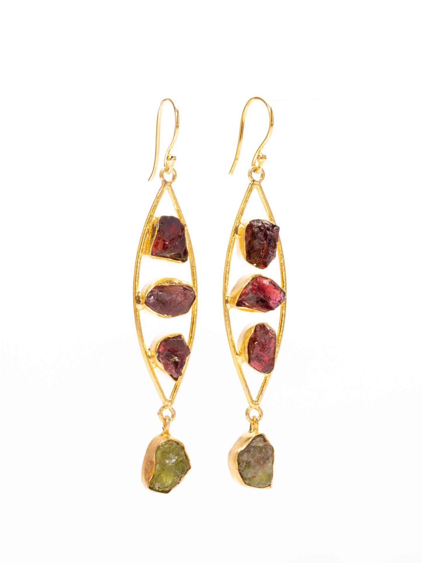 Gold Luxe earrings - fish shaped garnet and peridot