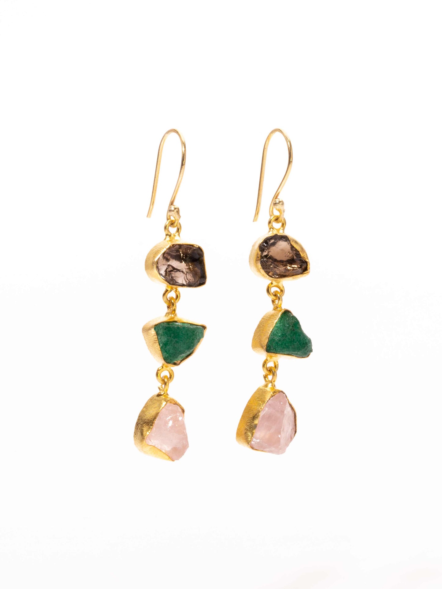 Gold Luxe earrings - Smokey quartz, aventurine and rose quartz