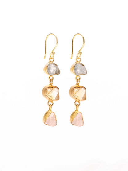 Gold Luxe earrings - triple drop gems aqua marine, citrine & rose quartz