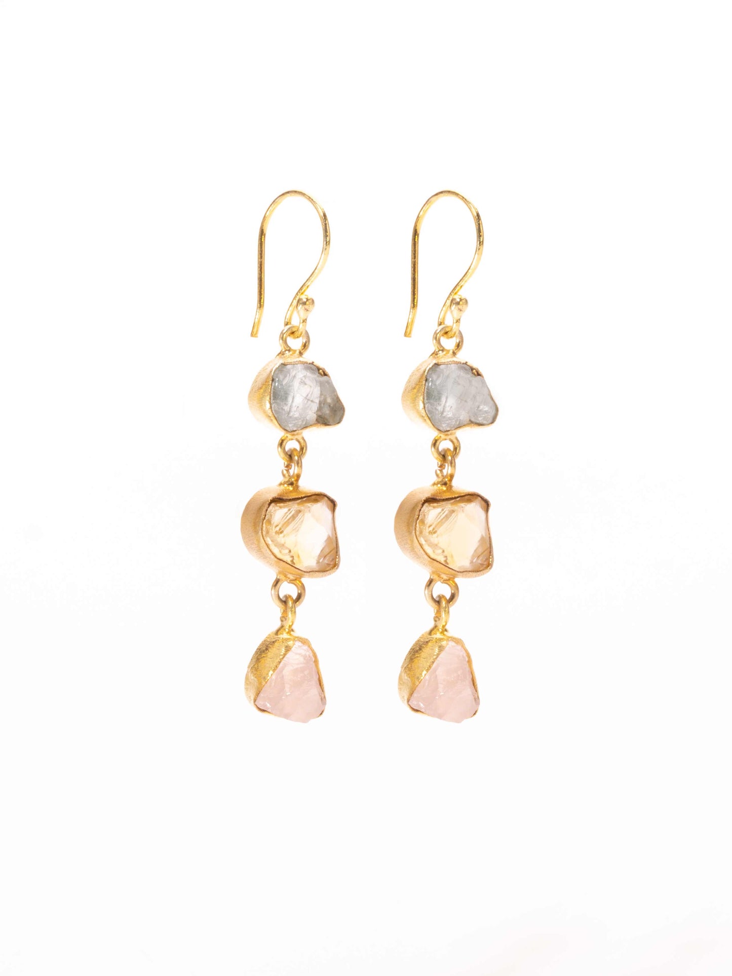 Gold Luxe earrings - triple drop gems aqua marine, citrine & rose quartz