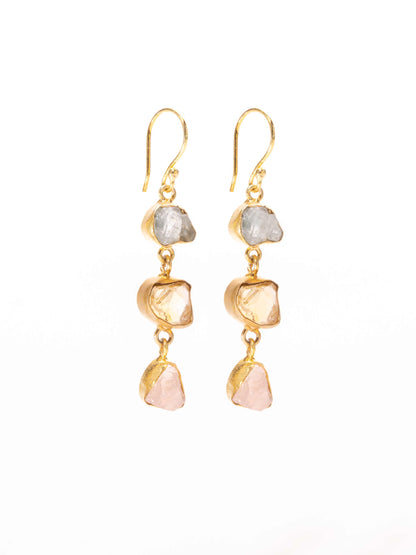 Gold Luxe earrings - triple drop gems aqua marine, citrine & rose quartz