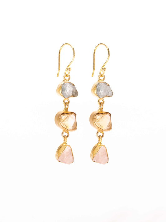 Gold Luxe earrings - triple drop gems aqua marine, citrine & rose quartz