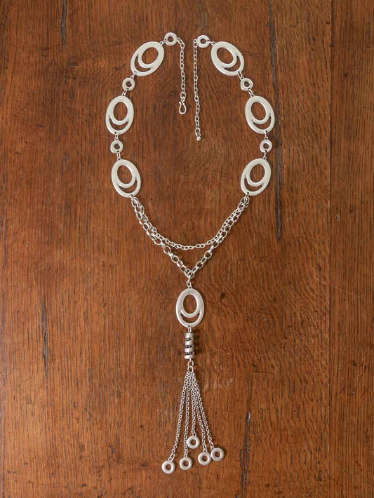 Silver Necklace - a long adjustable necklace with eccentric ovals and silver chain tail