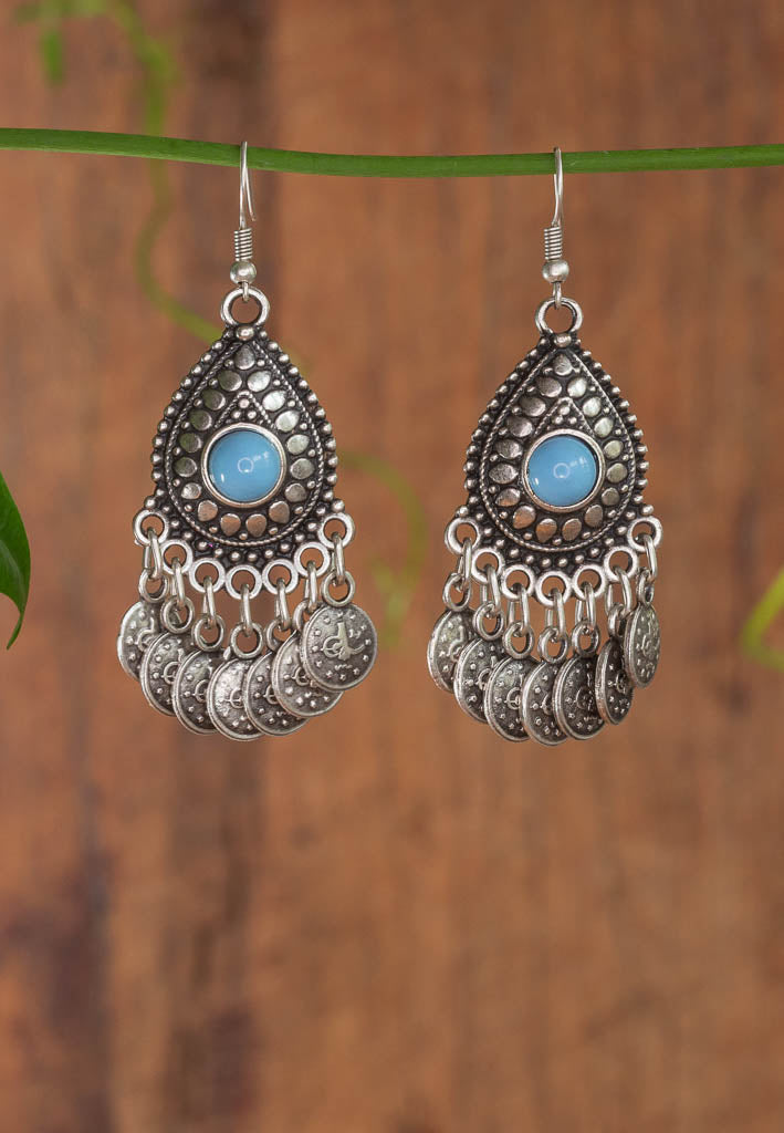 Lucy Coin Earring - a blue stone with coin dangles