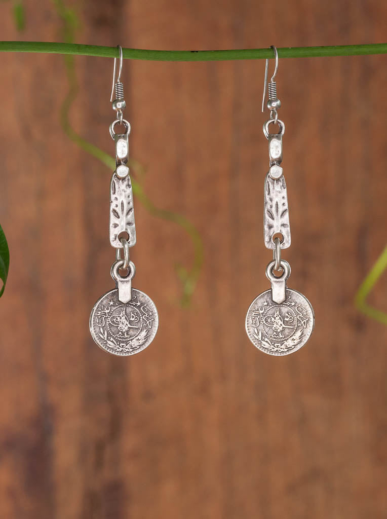 Cece Earring - an engraved stem with coin dangle