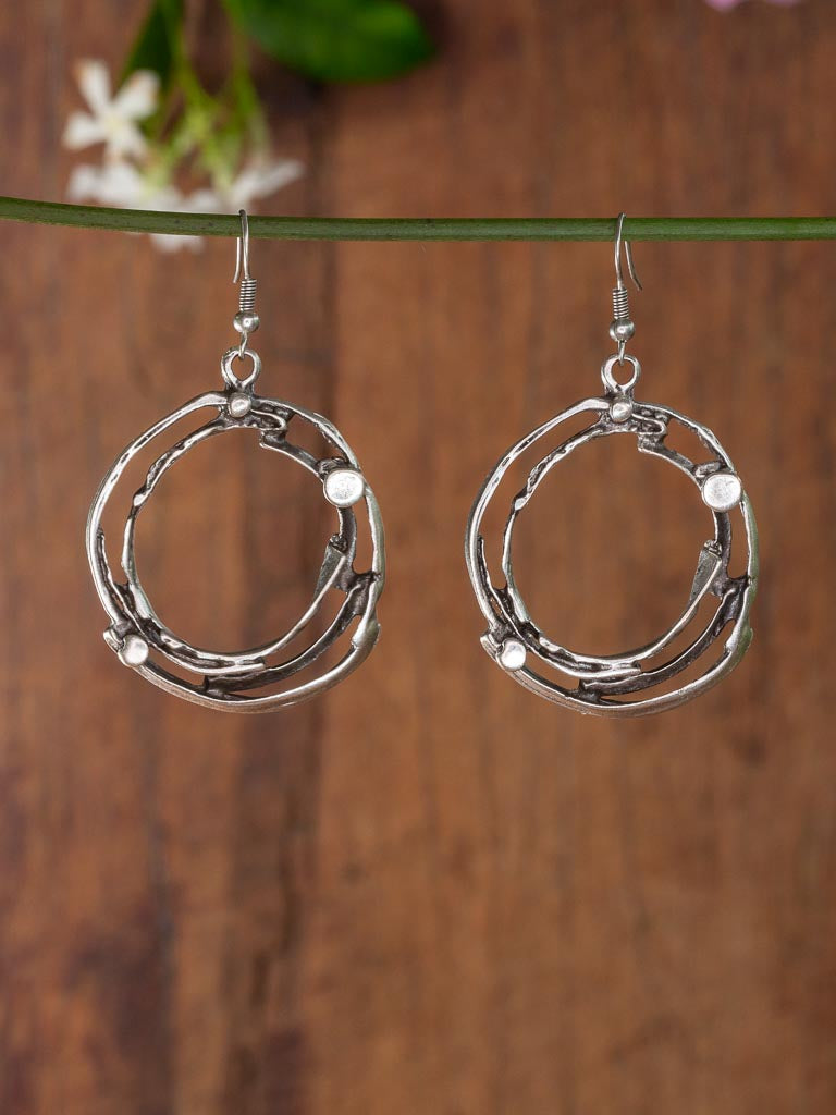 Rustic style beaten silver hoop earrings