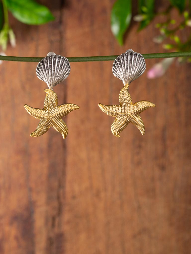 Ocean Life Earrings - silver and gold shell studs with a starfish dangle
