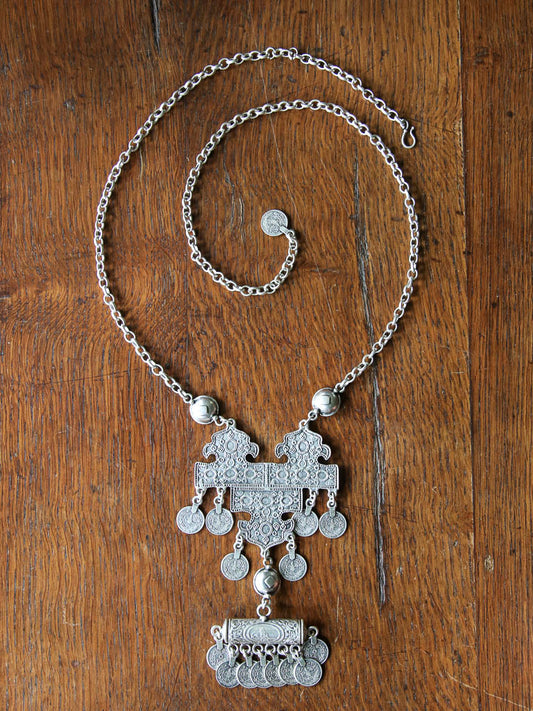 Ellie Necklace - a long chain with cross medallion and coins. Adjustable length.