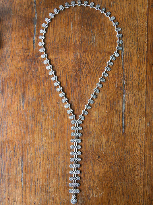 Long silver tie necklace with coins