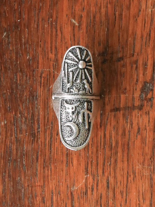 Desert scene - cactus, cow skulls, the sun and the moon in this adjustable ring