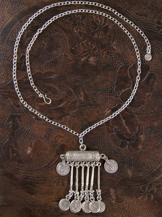 Akira Necklace. Long chain with stamped medallion and coins. Hook closure