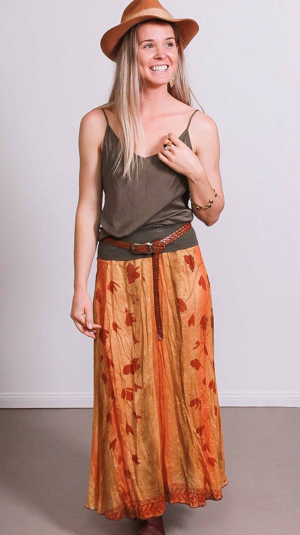 Front view of lady in silk cami and skirt