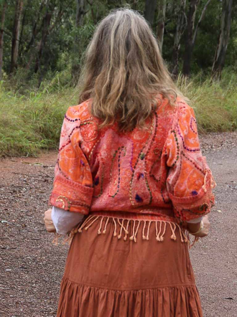 Kashmiri soft fringed wool jacket. Apricot & Paisley. Size 10