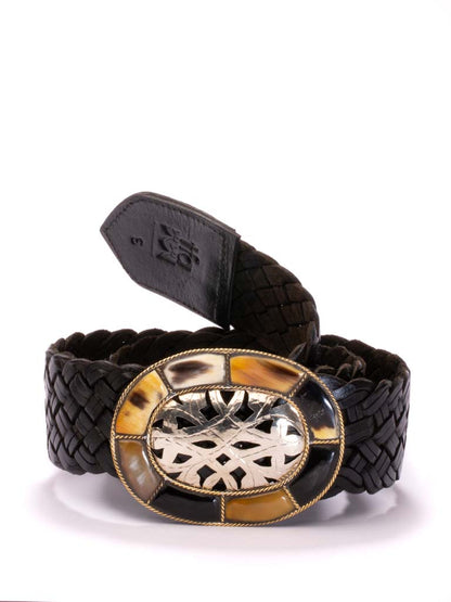 Black leather belt with carved and bone oval buckle
