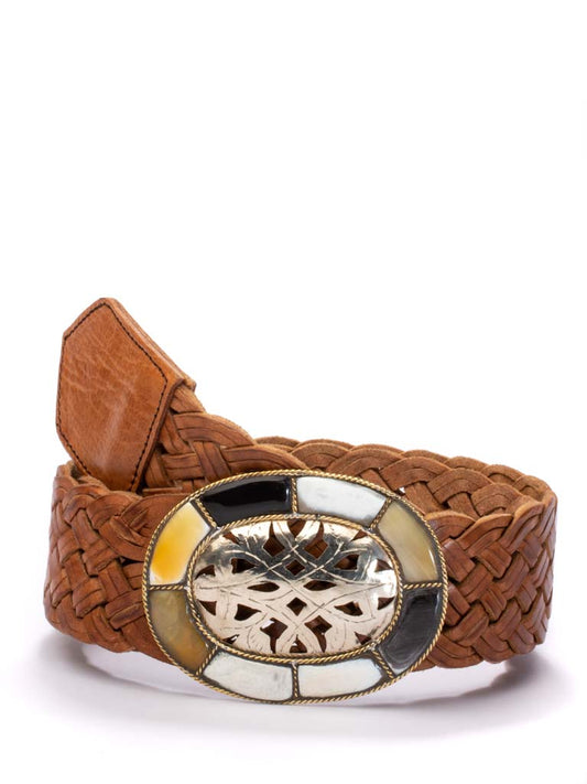 Tan leather belt with carved and bone oval buckle