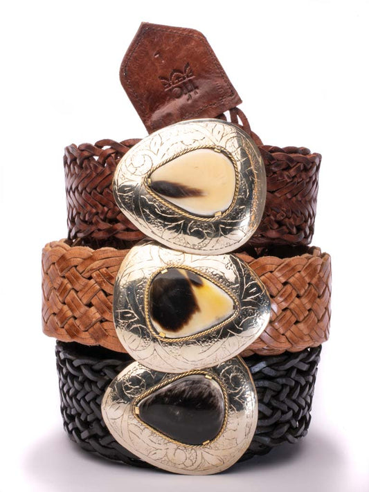 Marrakesh wide woven leather belt with a teardrop shape bone buckle
