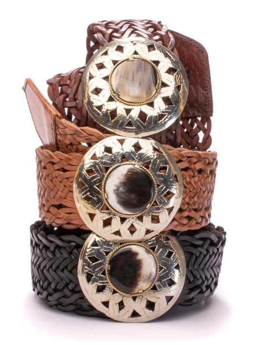 Anest of leather belts with bone buckles and cut-out design