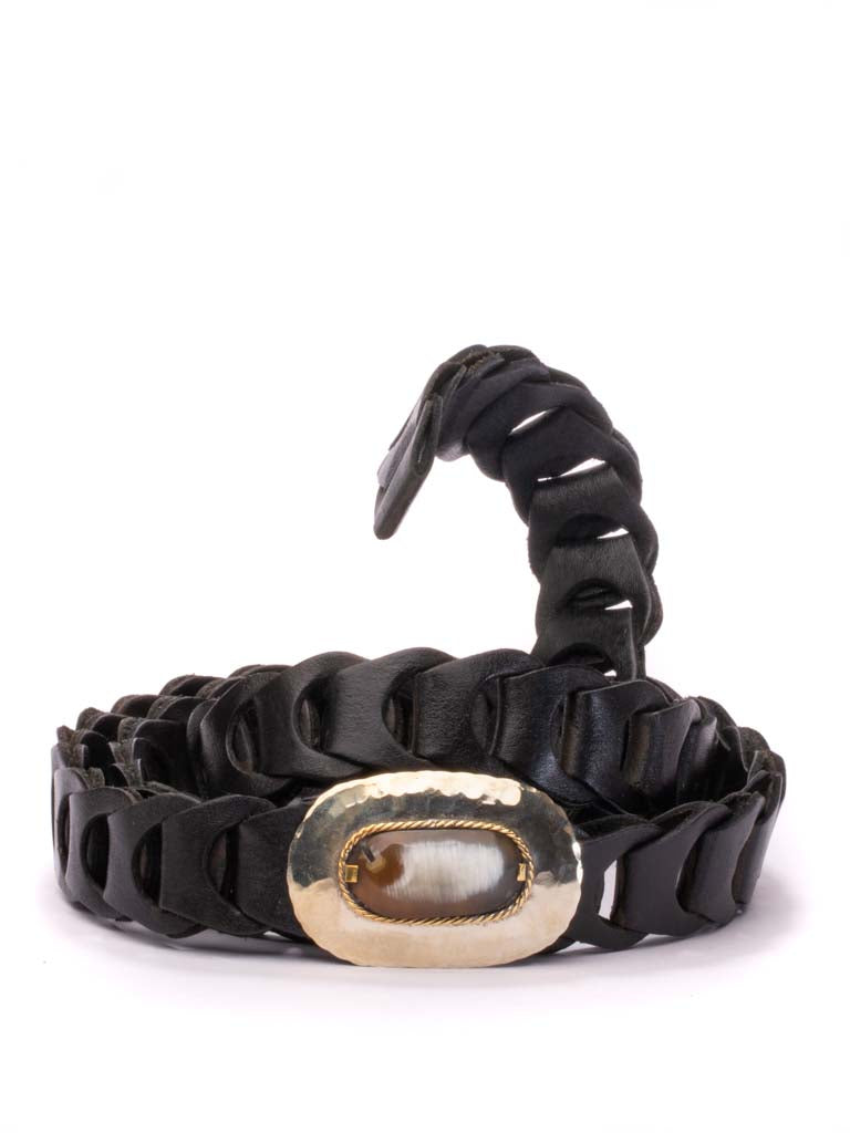 Black  leather chain link belt with bone buckle
