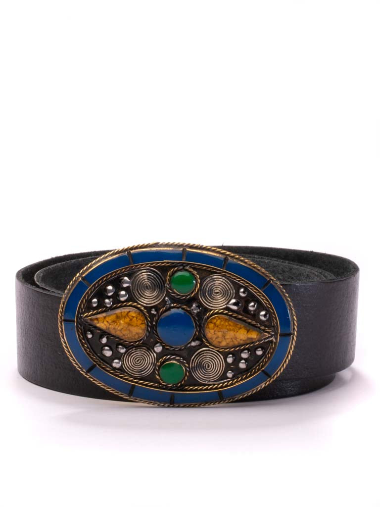 Mumbai Buckle Plain Peasant Belt - Black Leather with Green Buckle Mumbai Buckle Plain Peasant Belt - Black Leather with Green Buckle