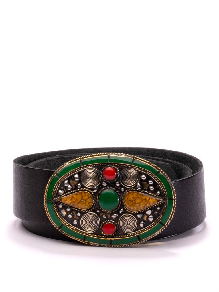 Mumbai Buckle Plain Peasant Belt - Black Leather with Red Buckle Mumbai Buckle Plain Peasant Belt - Black Leather with Red Buckle