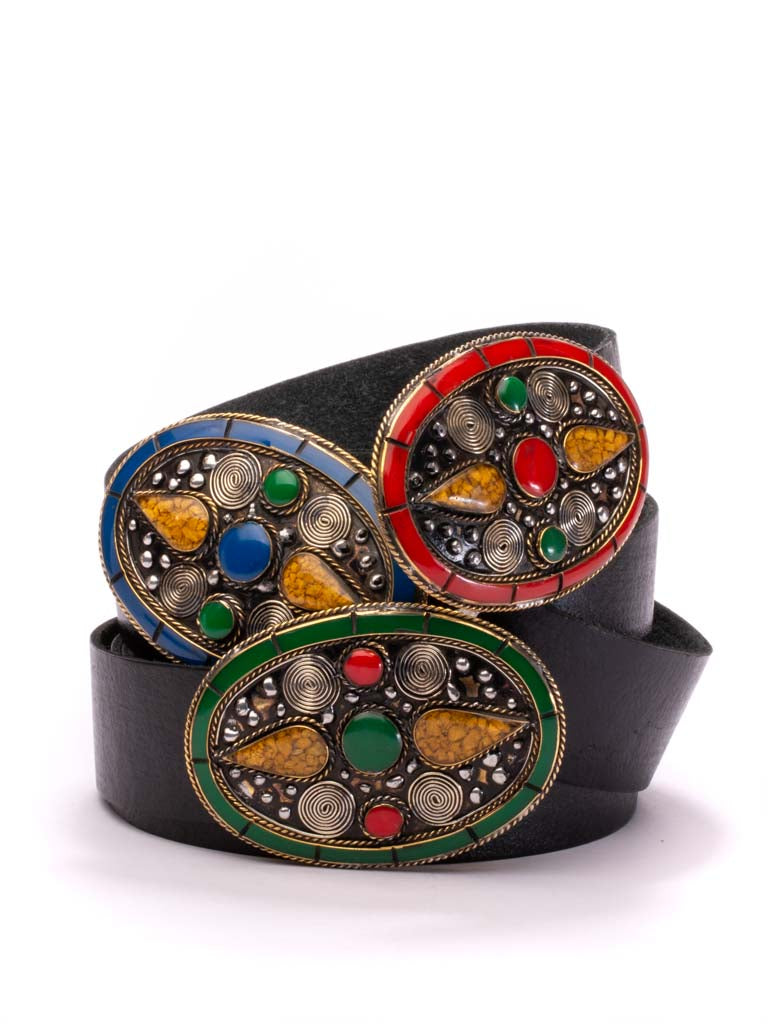 Black leather belts with intricate mosaic buckles