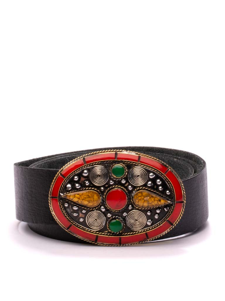 Mumbai Buckle Plain Peasant Belt - Black Leather with Red Buckle Mumbai Buckle Plain Peasant Belt - Black Leather with Red Buckle