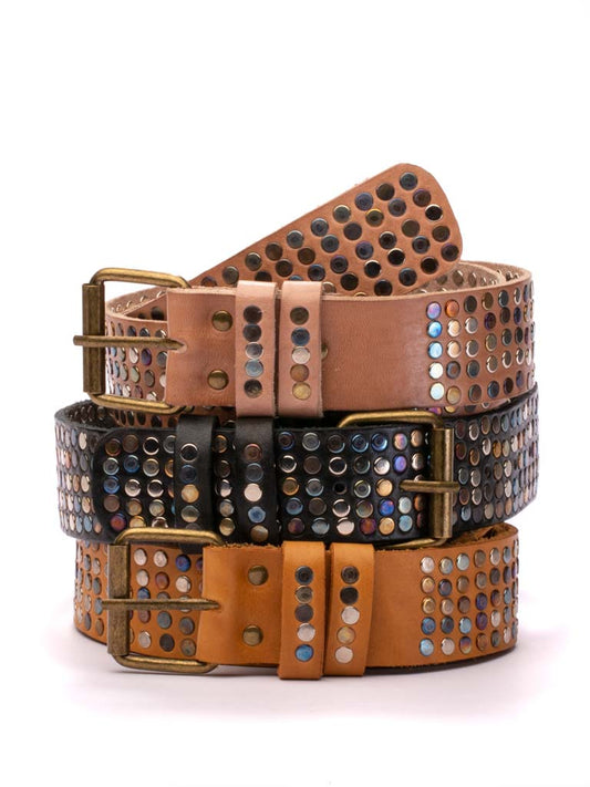 Studded leather rock-star belts in tan leather, black leather and putty leather