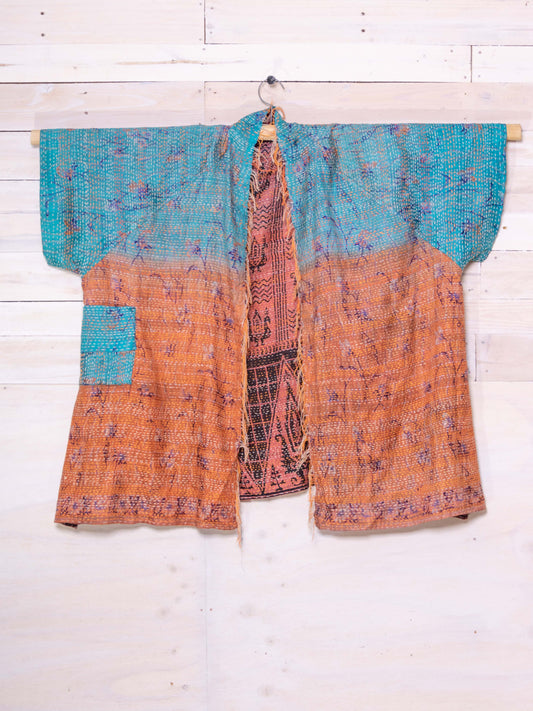 Kimono - silk reversible featuring hand stitching and pockets - tan and turquoise