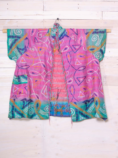 Kimono - silk reversible featuring hand stitching and pockets - pink party
