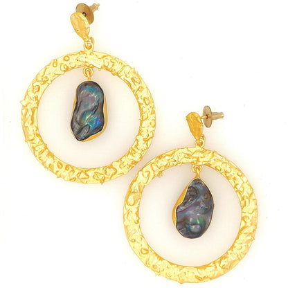 Gold luxe statement earrings with freshwater black pearls