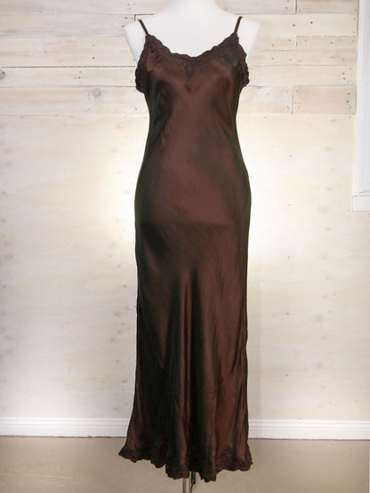Long satin slip in dark chocolate with embroidery