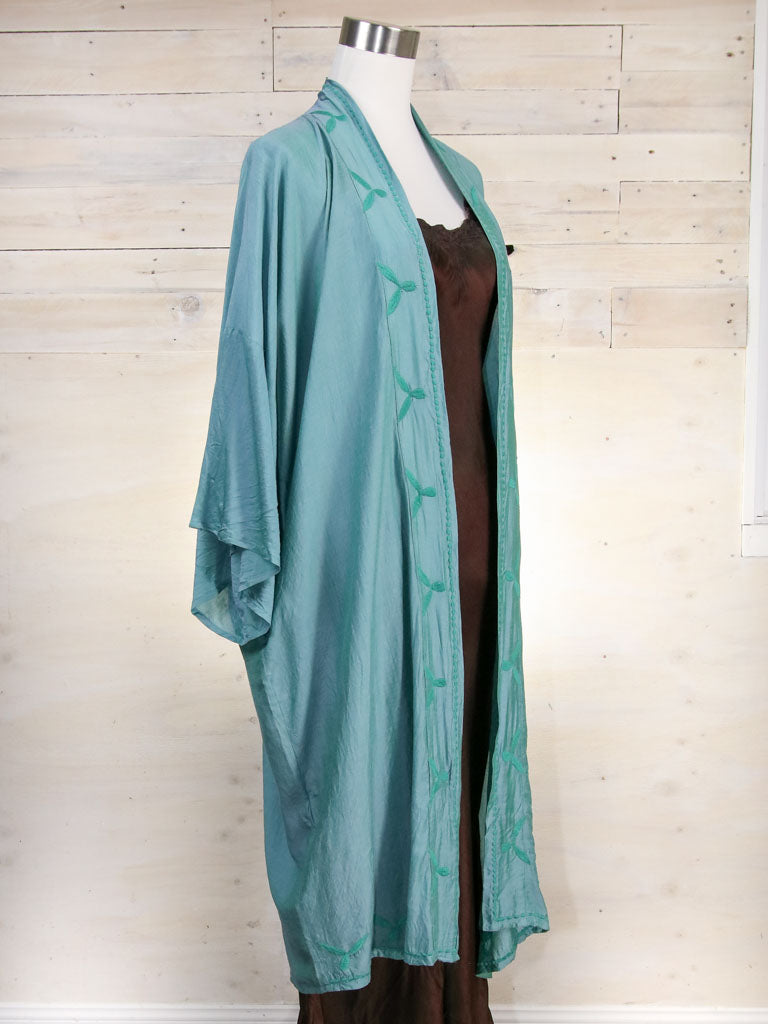 Stevie long turquoise kimono with embroidery