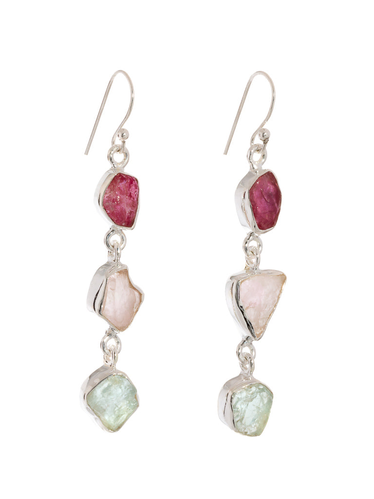 Silver Earring Triple Drop Ruby, Rose quartz & Aqua-Marine