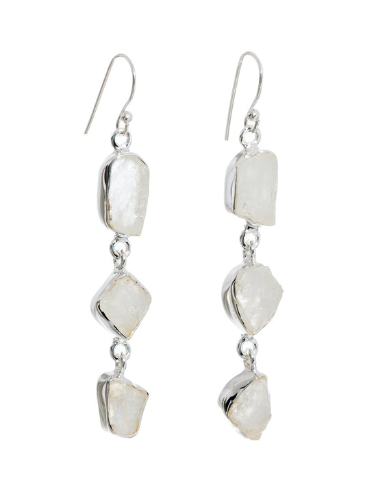 Silver Earring Triple Drop Clear Quartz