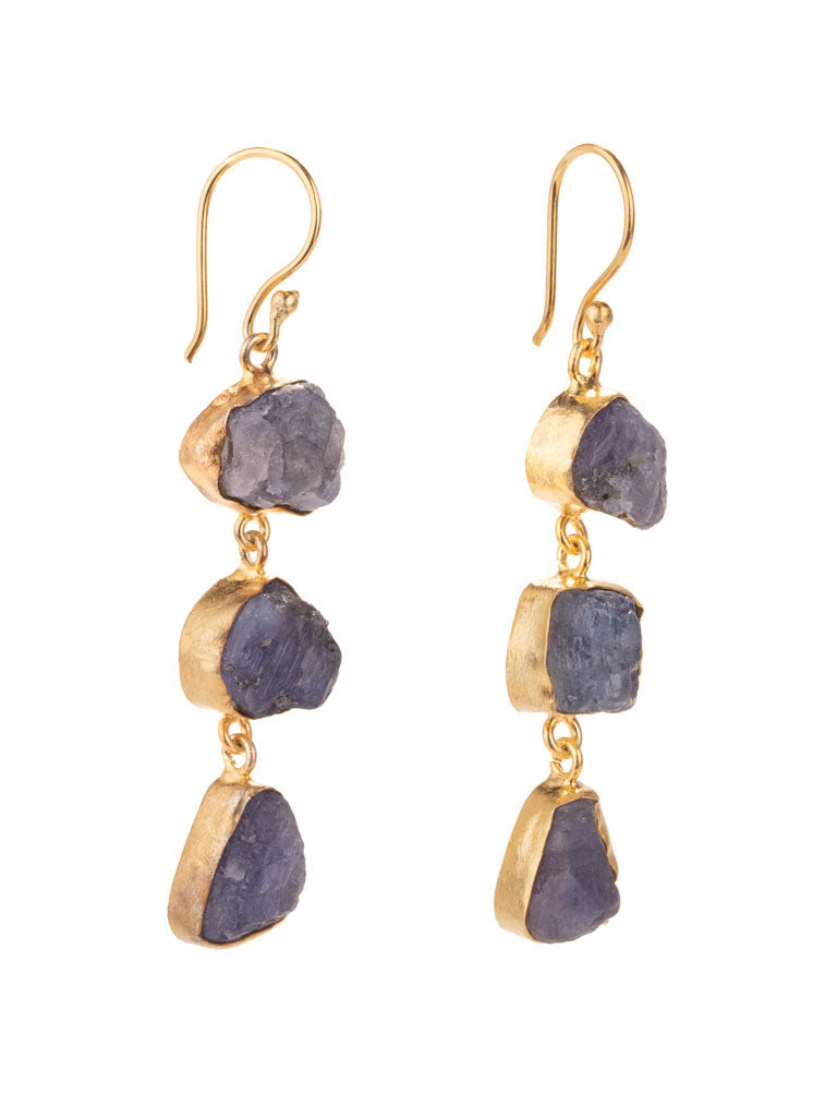Gold Luxe earrings - triple drop gems iolite