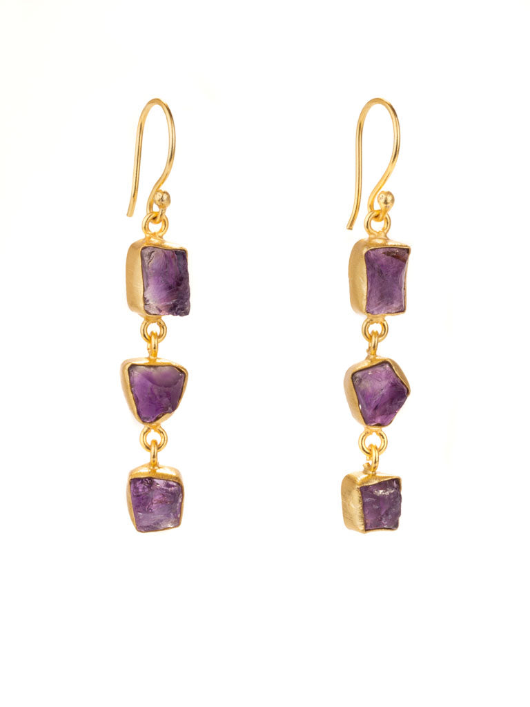 Gold Luxe earrings - triple drop gems amethyst