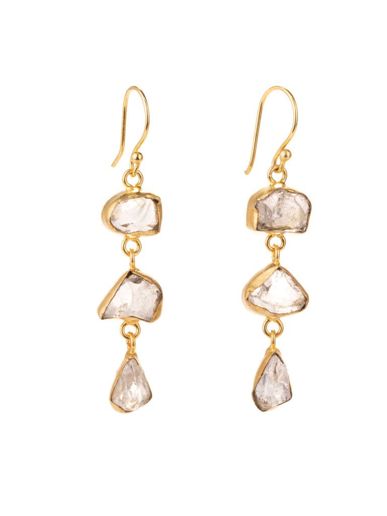Gold Luxe earrings - triple drop gems triple drop gems clear quartz