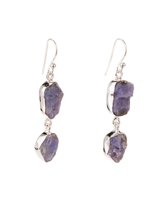 silver double drop with iolite raw cut crystal.