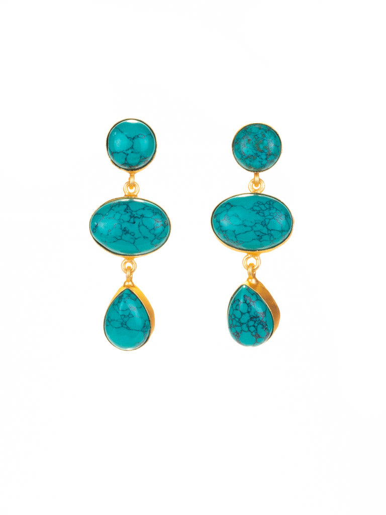 Gold Luxe Earrings Triple Turquoise Drop