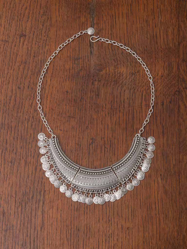 Talaya Necklace - a silver collar-style necklace with filigree design and coins