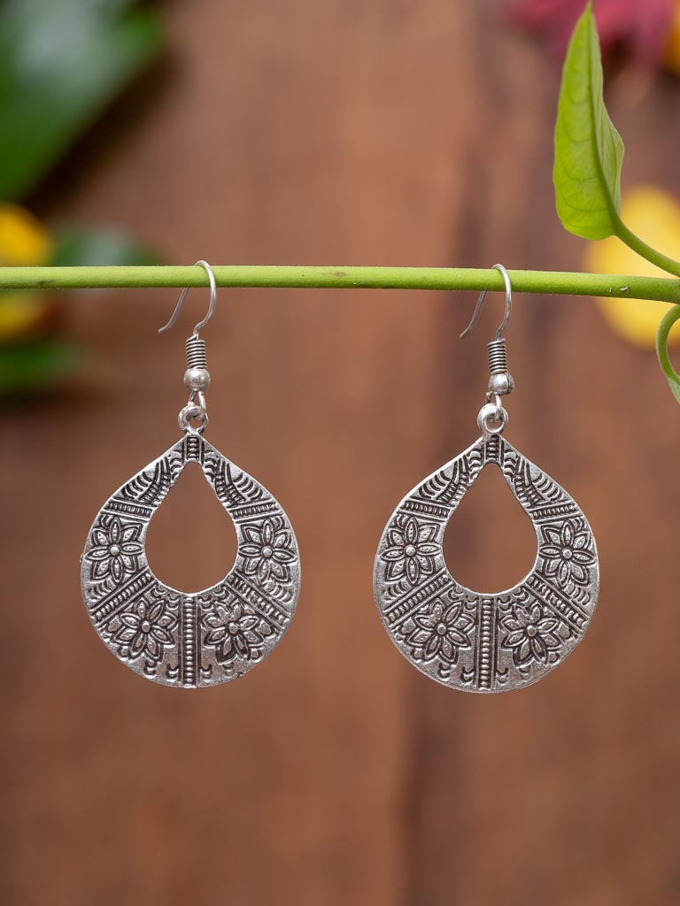 flower stamped silver hook earrings