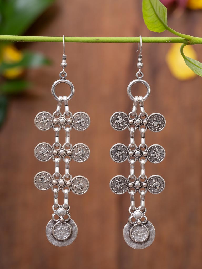 silver hook earring with coin medalions