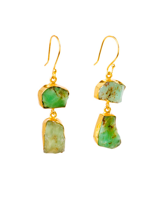Gold Luxe earrings - Green Chrysophase double drop dangles