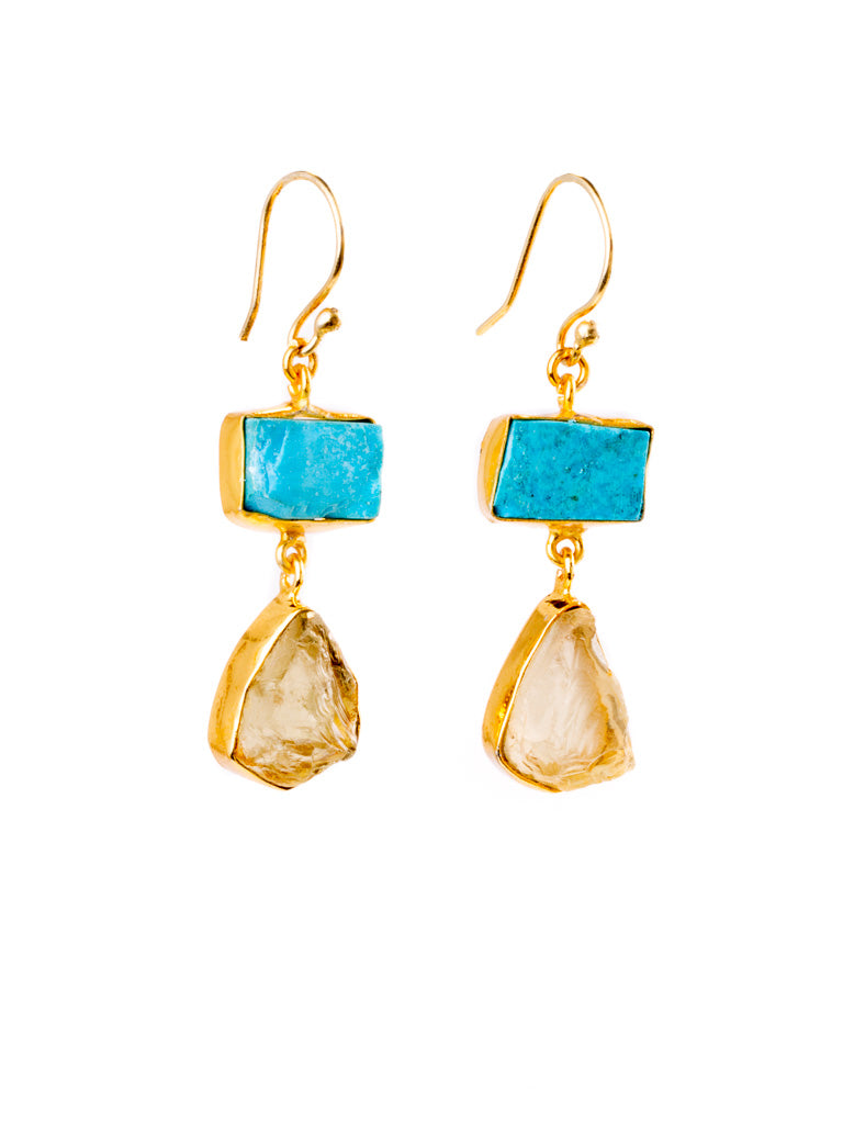 Gold Luxe earrings - Turquoise and Citrine Quartz double drop dangles