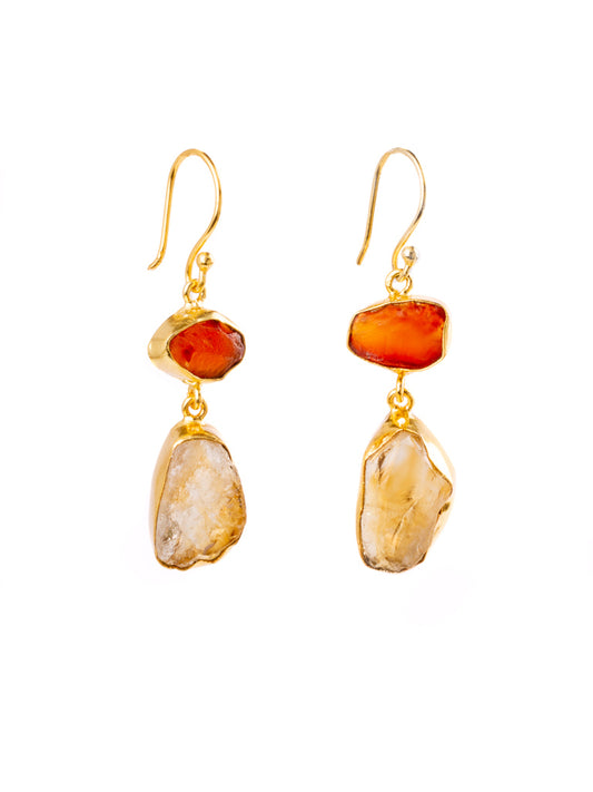 Gold Luxe earrings - Carnelian and citrine double drop dangles