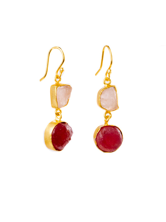 double drop gold hook earrings with rose quartz and ruby  crystal