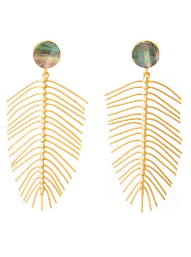 Gold luxe statement earrings - feather shape with ablalone (paua shell) drop