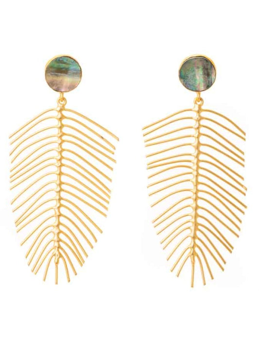 Gold luxe statement earrings - feather shape with ablalone (paua shell) drop
