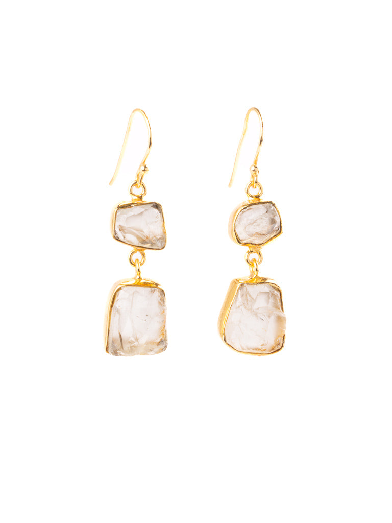 double drop gold hook earrings with Clear quartz crystal